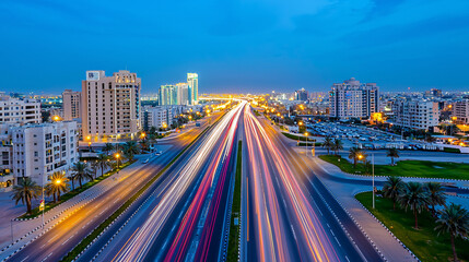 Fototapeta premium Cityscape at Twilight Showing Long Exposure Lights of Traffic Flowing on the Road Network at Dusk