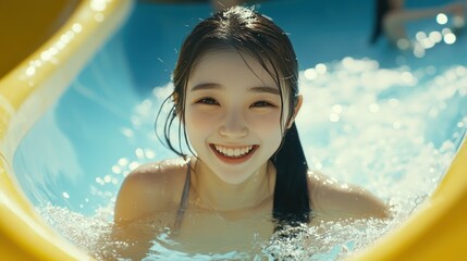 Smiling woman exiting water slide, summer fun, pool party background, travel brochure