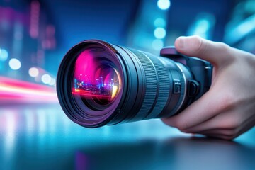 Photographer's Hand Adjusting Camera Lens with Blurred Neon Cityscape Background