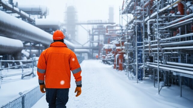Worker walking snowy refinery, winter inspection