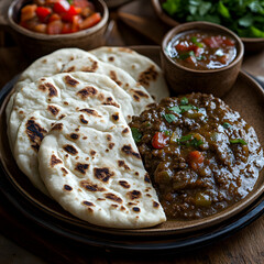 Canjeero flatbreads, served with flavorful curry and zesty condiment selection