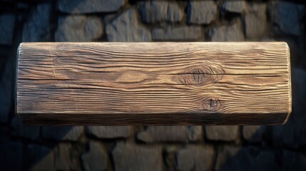 Rustic wood beam, stone wall background, overhead shot, design element