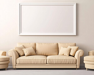 Fototapeta premium Elegant Living Room Interior with Comfortable Beige Sofa and Blank White Frame for Art Display