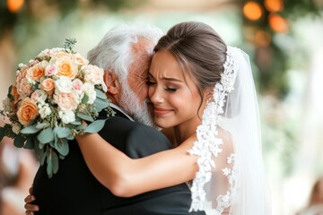 A father hugging his daughter tightly at her wedding, with tears of joy streaming down his face
