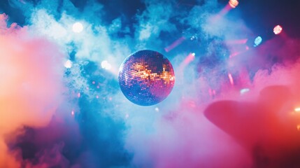Disco ball spins, colorful nightclub smoke, party lights, event promotion