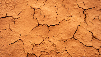 Cracked dry earth with deep fissures forming an intricate pattern. The parched, brown soil reflects extreme drought conditions, creating a rough and textured landscape of dehydration and climate