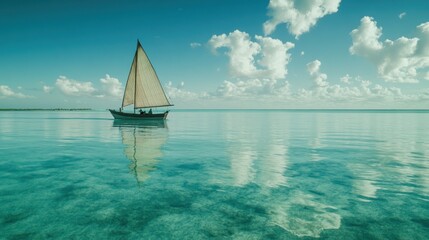 Obraz premium Sailboat glides across tranquil turquoise lagoon, under a sunny sky