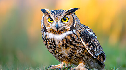 Fototapeta premium Great Horned Owl Portrait Nature Wildlife Hunter Bird with Intense Yellow Eyes Gaze Ornithology Fauna