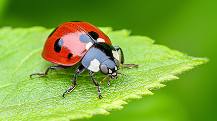 Fototapeta premium Ladybug Perched on a Green Leaf in a Garden Environment Capturing the Beauty of Nature and Wildlife
