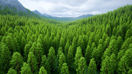 Fototapeta premium Lush Green Forest Canopy Landscape with Distant Mountains Under a Cloudy Sky High Angle View