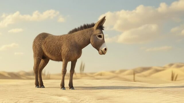 The donkey wandered slowly through the vast desert, its sturdy frame resilient against the harsh sun, searching for sparse patches of grass and shade.