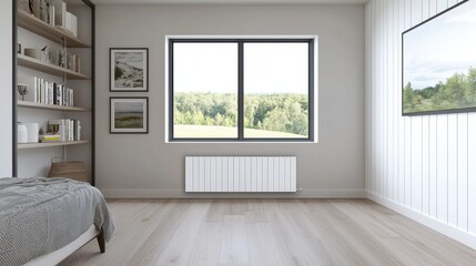 Fototapeta premium Modern Minimalist Bedroom with Natural Light and Scenic View