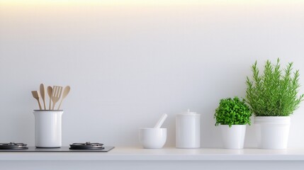 Modern Minimalist Kitchen Shelf with Herbal Plants and Utensils