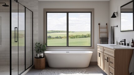 Fototapeta premium Modern Bathroom with Scenic View and Elegant Design Elements