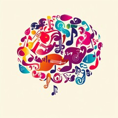 A colorful and energetic vector illustration of a brain formed by musical instruments, notes, and sound waves, ideal for a creative music festival poster   bold and vibrant design