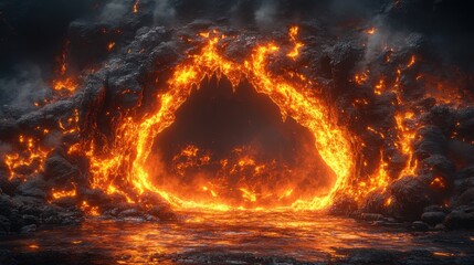 Fiery Lava Gateway Molten Rock Archway over Volcanic River