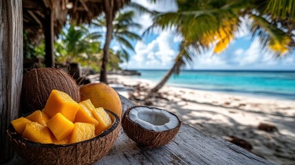 Obraz premium Coconuts and oranges displayed on a rustic wooden table in natural light