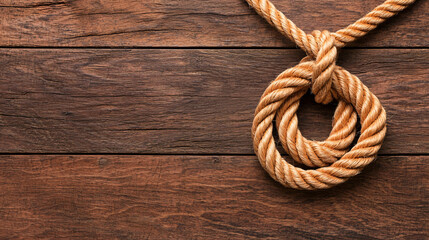 Obraz premium Twisted Rope Knot on Rustic Wood Surface Background in Studio Shot Captured with High Resolution
