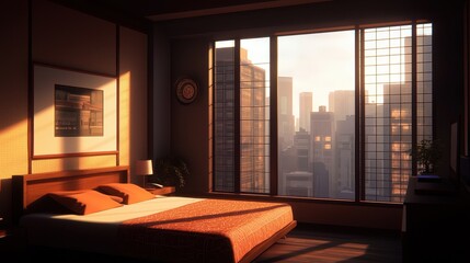 Fototapeta premium Modern Bedroom with City View at Sunrise in Urban Landscape