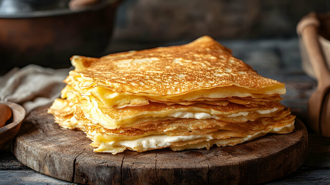 Close-up of a stack of golden flija pancakes on a wooden board, showcasing its texture and creamy filling, a culinary delight