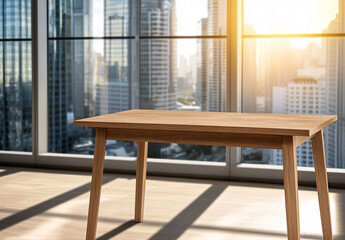 Fototapeta premium Wooden Table by Window with Skyscraper View and Sunlight Reflections in Modern Interior Scene