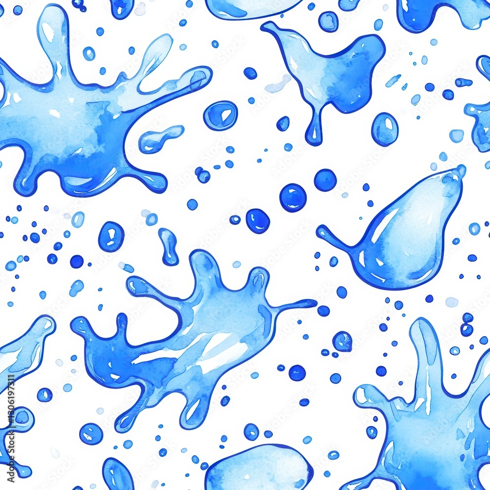 Poster colorful and playful watercolor doodles featuring blue splashes and droplets creating a joyful atmos