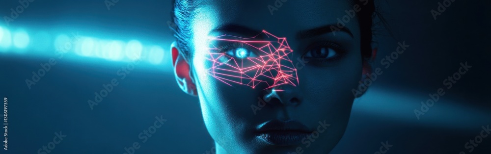Poster Surreal representation of a woman's face featuring neon geometric patterns and glowing effects in a dark setting