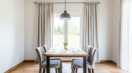 Modern Dining Room with Wooden Table and Stylish Gray Chairs