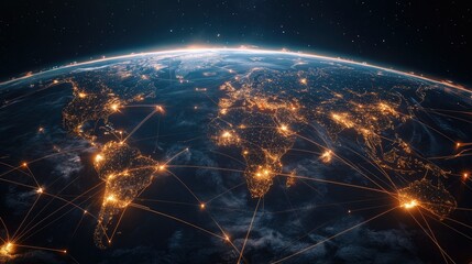 Obraz premium A futuristic logistics map showcasing illuminated paths that connect cities around the world, demonstrating the complexity of global supply chains
