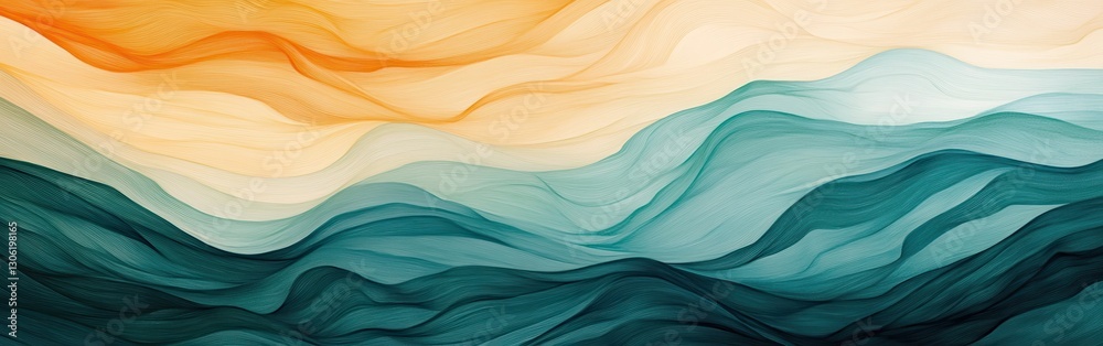 Poster soft gradient of pencil strokes creates an abstract landscape with merging colors of blue, orange, a