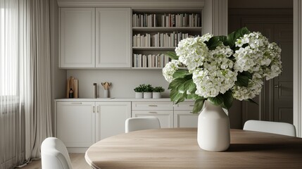 Fototapeta premium Elegant Dining Space with Fresh White Hydrangeas in a Modern Interior