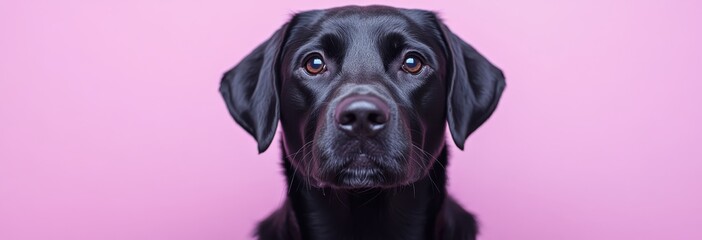 Charming Black Dog Portrait Against a Soft Pink Background, Captivating Expression and Warm Eyes, Perfect for Pet Lovers, Advertising, or Animal Themes