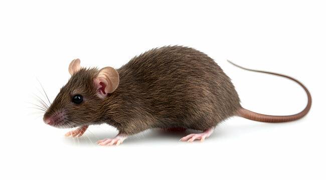 Close-up studio shot of a brown rat with long tail on white surface