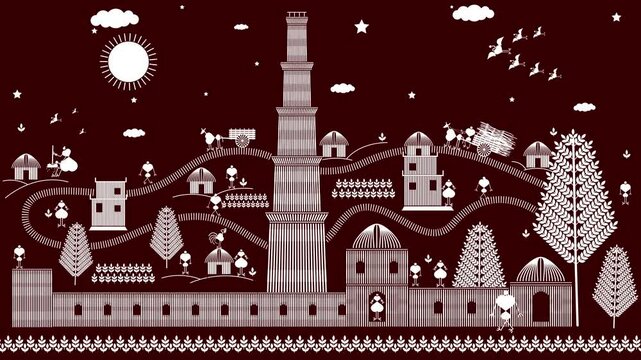qutub minar delhi city india map old warli art ,old delhi, @kachindo