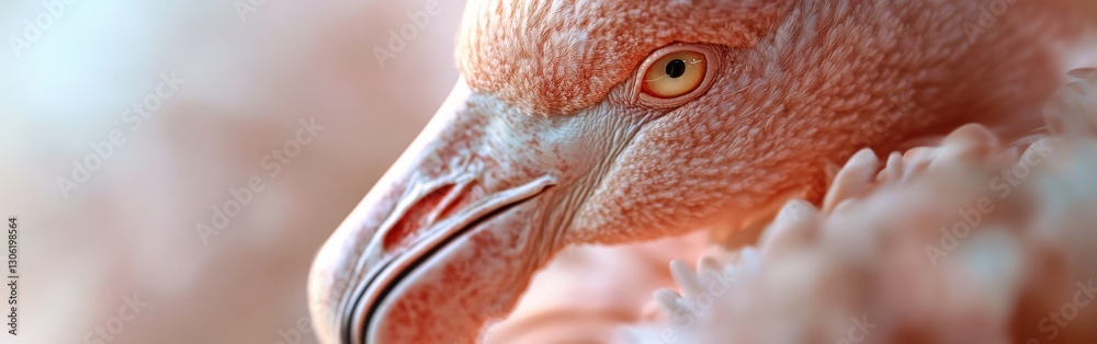 Poster close-up view of a flamingo's vibrant face highlighting its striking colors and unique features in a