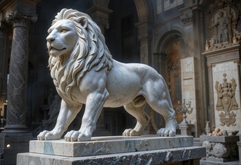 Majestic marble lion sculpture in historical museum interior
