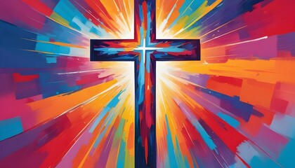 A vibrant and colorful abstract painting featuring a Christian cross illustration, perfect for an easter concept