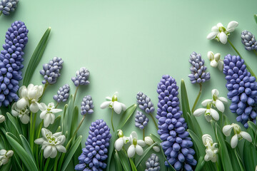 Light green background with spring flowers muscari and snowdrops. Spring postcard for the holidays.