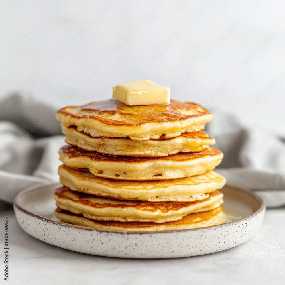 Poster fluffy buttermilk pancakes stacked high on a light plate with a pat of butter on top, creating a del
