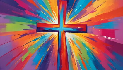 A vibrant and colorful abstract painting featuring a Christian cross illustration, perfect for an easter concept