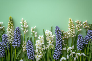Light green background with spring flowers muscari and snowdrops. Spring postcard for the holidays.