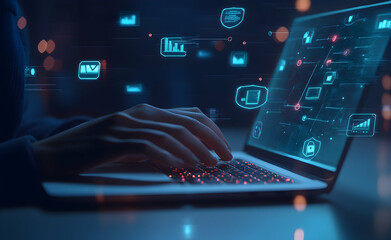 Obraz premium Cybersecurity professional working on laptop for data protection and security