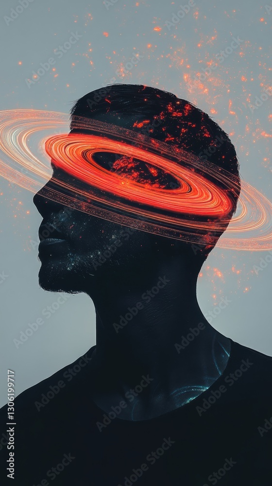 Poster dynamic profile of a man showcasing cosmic elements and swirling rings, illustrating a blend of real