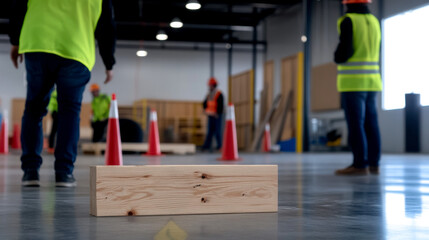 A training environment featuring workers in safety vests navigating around obstacles with cones, focusing on safety and skill development.