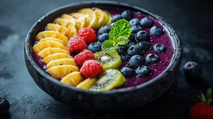 Bowl of assorted fresh fruit and berries arranged on a wooden table surface