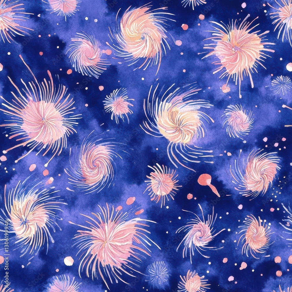 Aufkleber colorful watercolor doodle of whimsical swirls against a deep blue background creating an enchanting