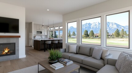 Modern Living Room with Scenic Mountain Views and Cozy Fireplace