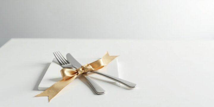 Elegant place setting with gold ribbon tied bow on a pristine white surface