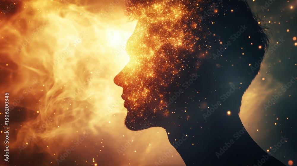 Poster mystical silhouette of a man surrounded by cosmic elements and glowing particles in a dreamlike atmo