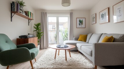Fototapeta premium Cozy Modern Living Room with Natural Light and Green Accents